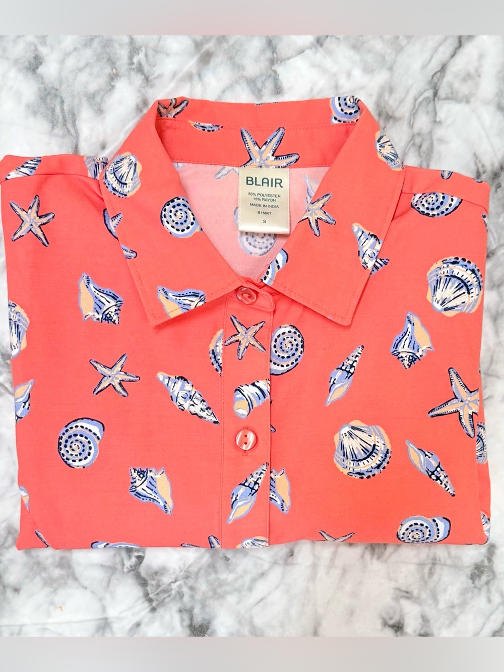 Blair Coral Shell & Starfish Short Sleeve Button-Up Shirt Sz Small